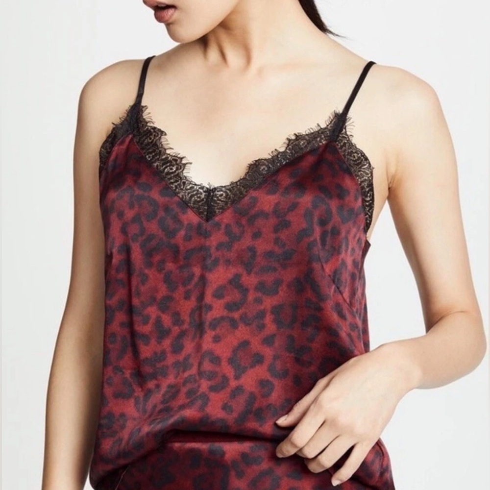 ANINE BING Red Lace Trim 100% Silk Leopard Cami Tank Top